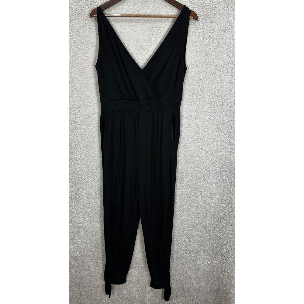Loft Beach Jumpsuit Womens M Black Surplice V-Neck Tie Ankle Tapered Leg Casual